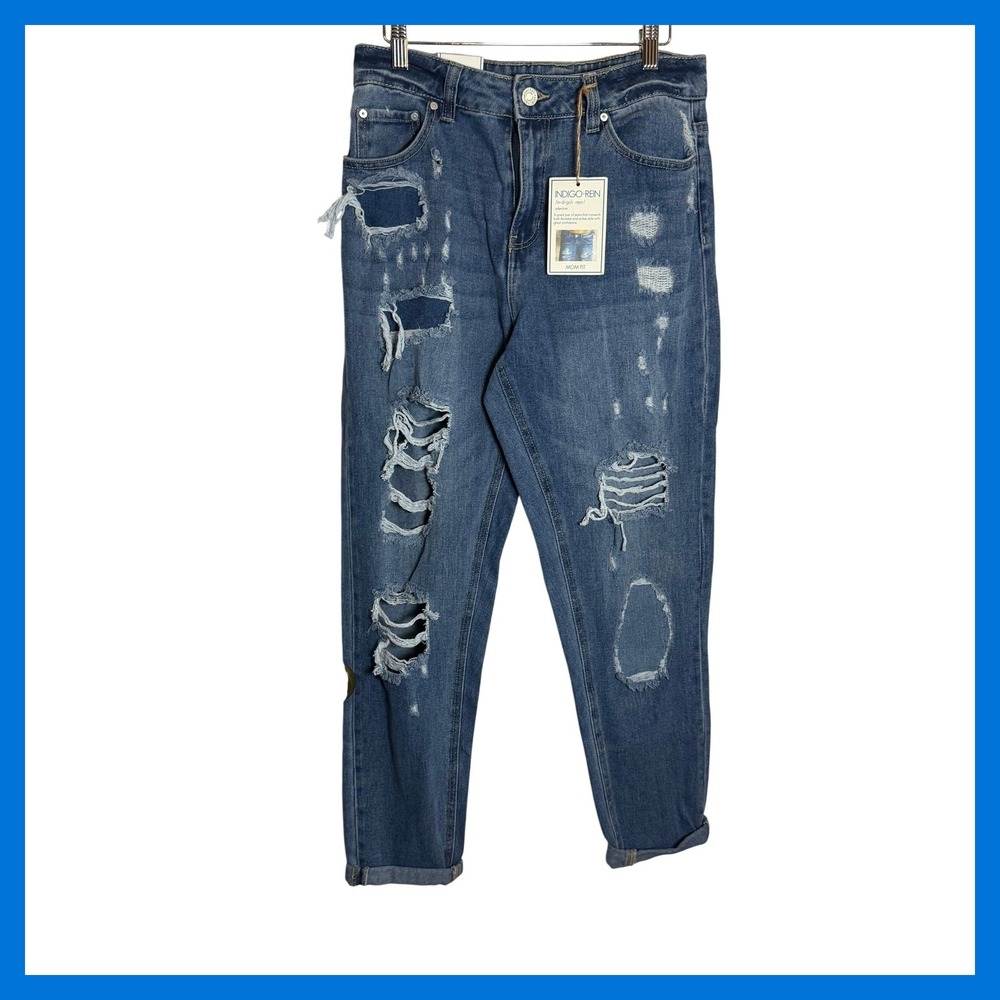 Indigo Rein Mom Fit Distressed Ripped High Rise Jeans Medium Wash Size 11 W29
